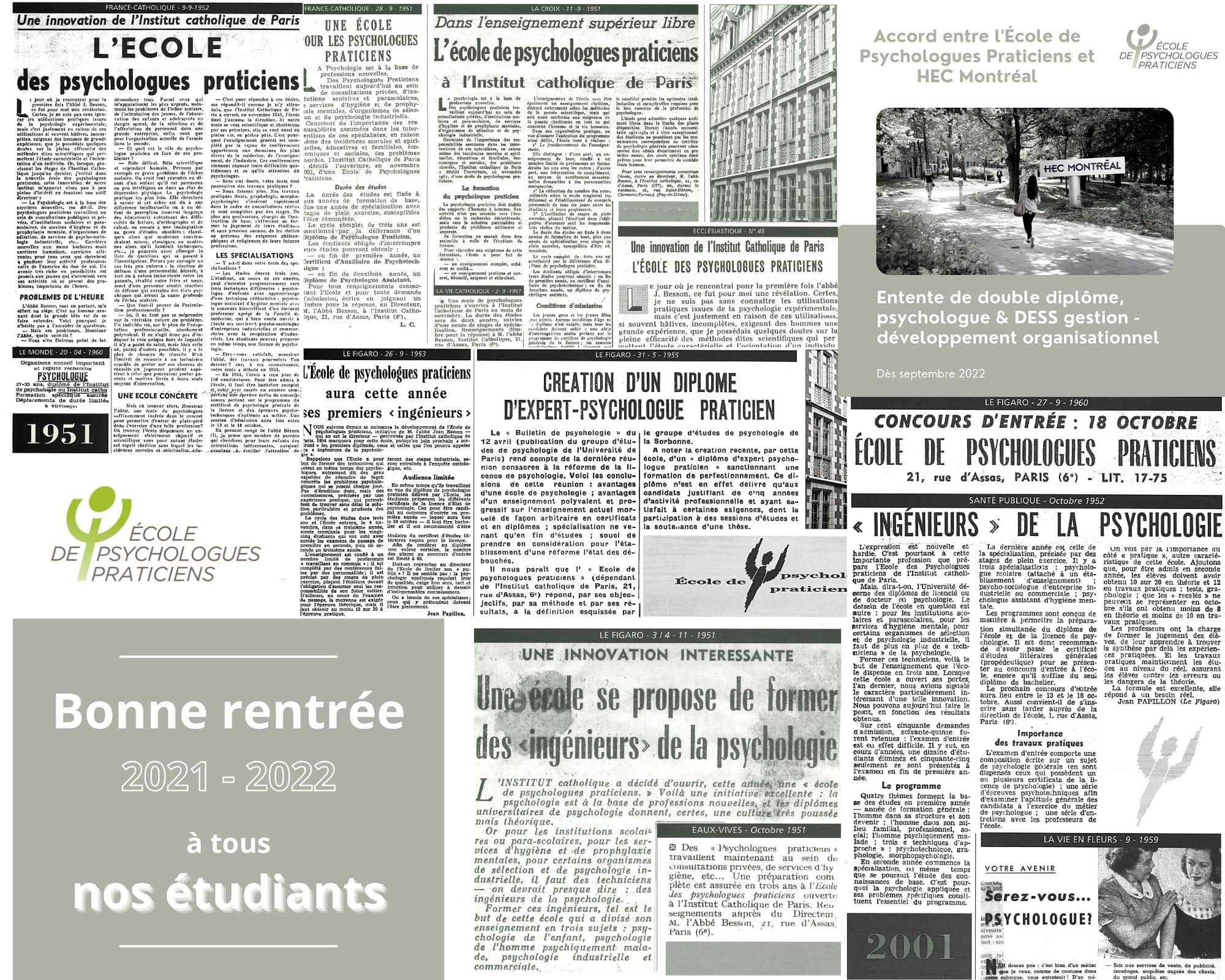 Mosaïque retombées presse École de Psychologues Praticiens Paris et Lyon